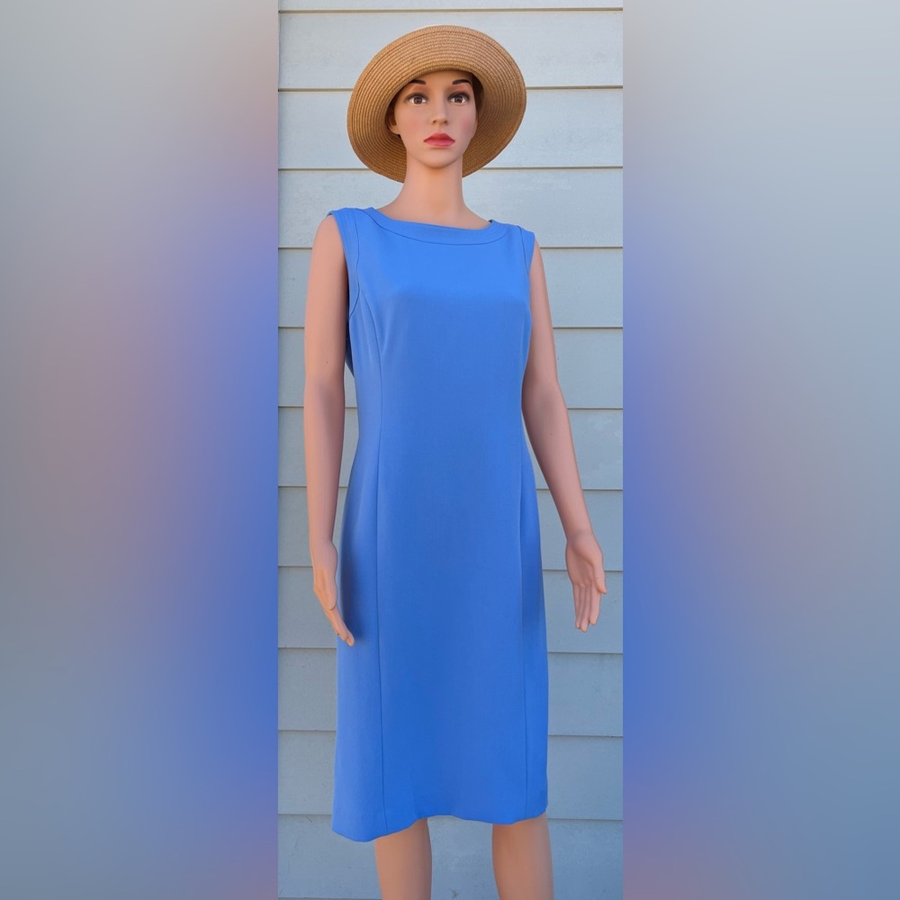 Kasper Blue Sheath Dress Sleeveless Bateau Neckline